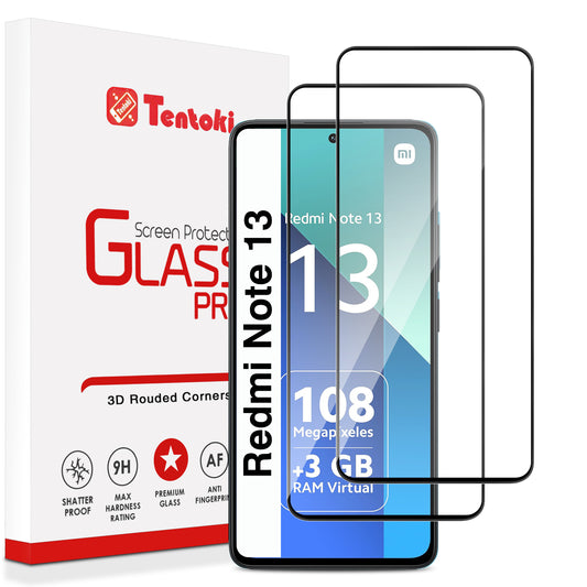 Tentoki Tempered Glass for Xiaomi Redmi Note 13 4G / 5G [2 Pack] Screen Protector Glass - Air Bubble Free - [0.26mm] [Anti Scratch, 9H Hardness] Ultra Transparent - Black