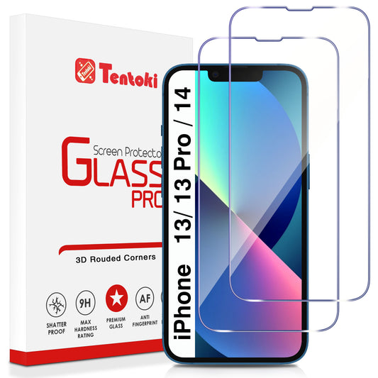 Tentoki Tempered Glass for iPhone 13/13 Pro / 14, [2 Pack] Screen Protector Glass - Bubble Free - [Anti-Scratch, 9H Hardness] Ultra Transparent