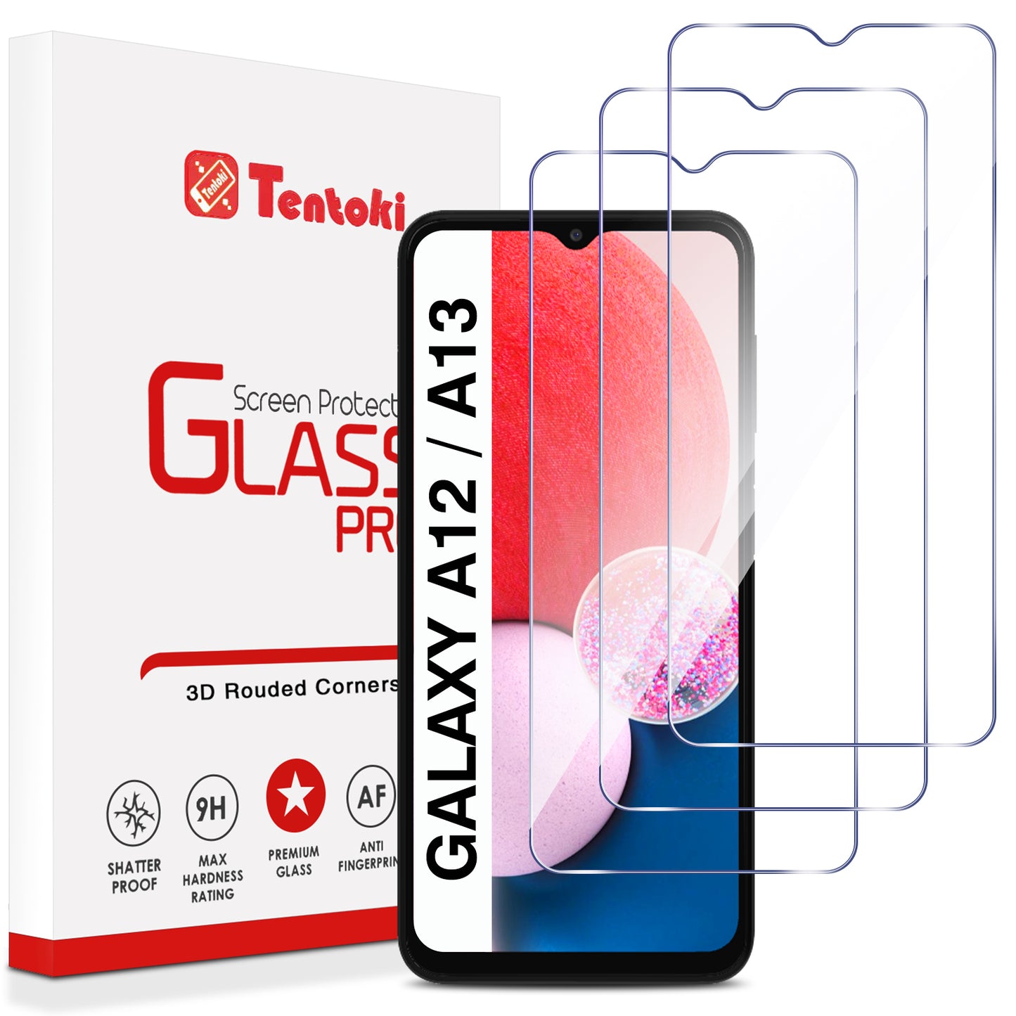 Tentoki 3 Pack Screen Protector for Samsung Galaxy A13 5G/ A13/ A12/ A04s, Tempered Glass Bubble-Free [0.26 mm] [Anti-Scratch, 9H Hardness] Ultra Transparent