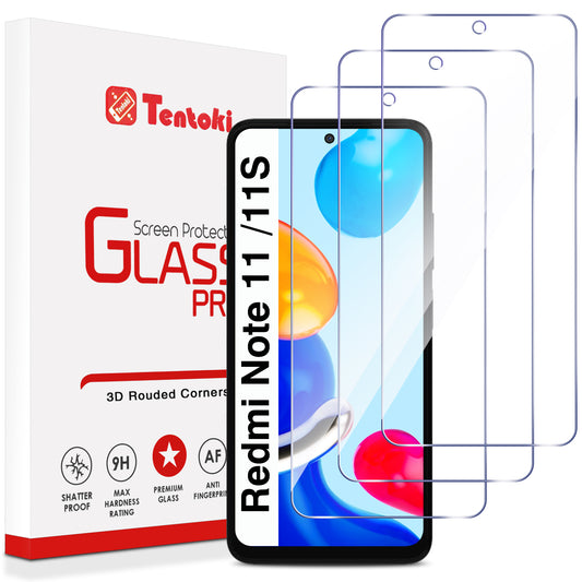 Tentoki Tempered Glass for Xiaomi Redmi Note 11 / Note 11S 4G (6.43'') [3 Pack] Screen Protector Glass - Air Bubble Free - [0.26mm] [Anti Scratch, 9H Hardness] Ultra Transparent