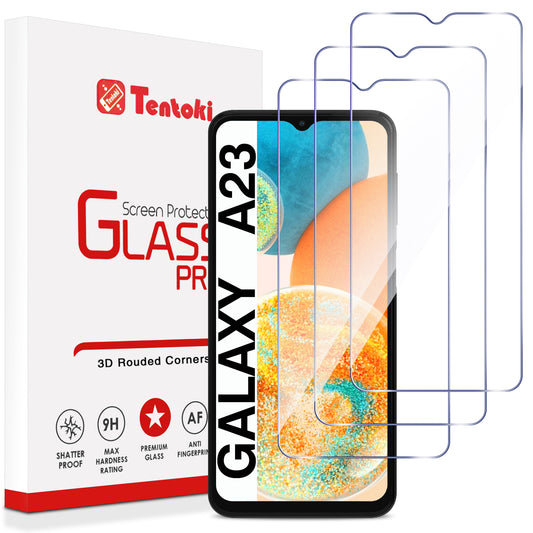 Tentoki 3-Pack Screen Protector for Samsung Galaxy A23 5G / 4G, Tempered Glass Bubble-Free [0.26 mm] [Anti-Scratch, 9H Hardness] Ultra Transparent