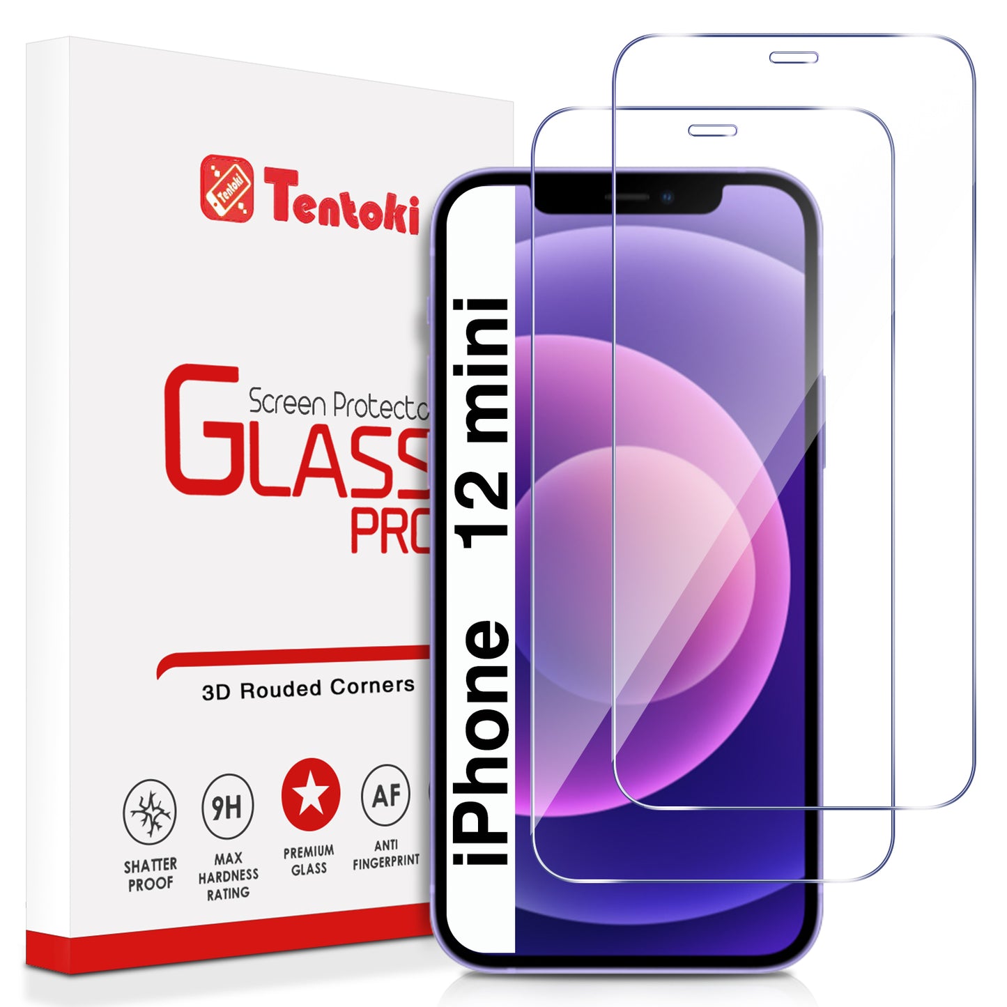 Tentoki Tempered Glass for iPhone 12 mini, [2 Pack] Screen Protector Glass - Bubble Free - [Anti-Scratch, 9H Hardness] Ultra Transparent