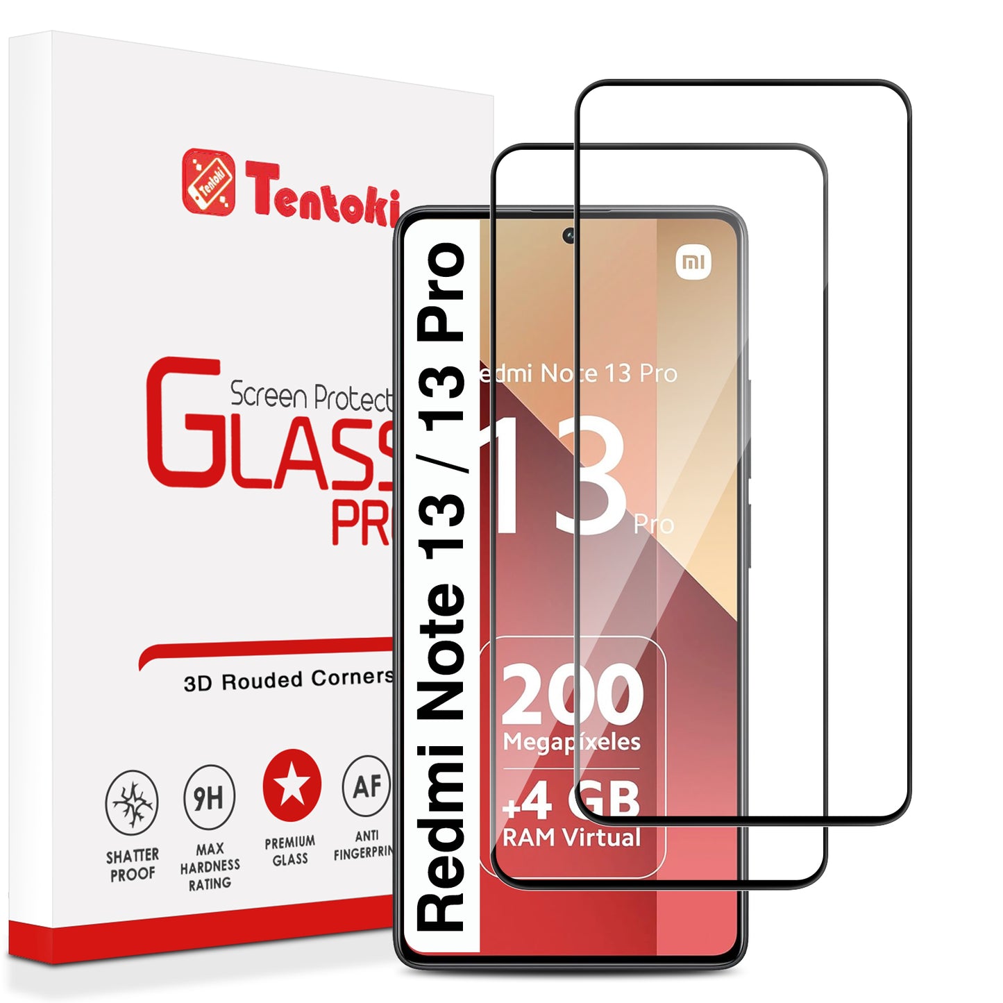 Tentoki Tempered Glass for Xiaomi Redmi Note 13/13 Pro 4G / 5G [2 Pack] Screen Protector Glass - Air Bubble Free - [Anti Scratch, 9H Hardness] - Black