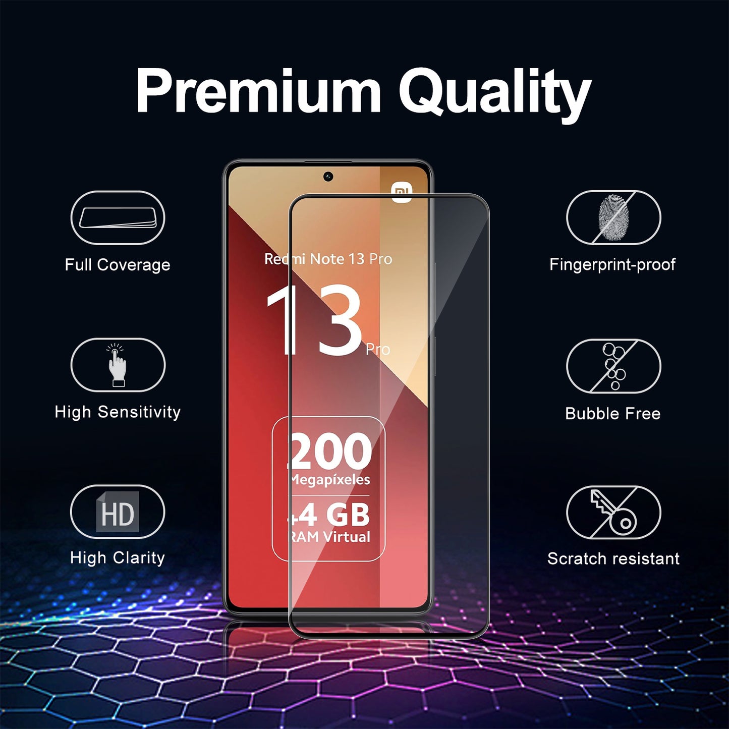 Tentoki Tempered Glass for Xiaomi Redmi Note 13/13 Pro 4G / 5G [2 Pack] Screen Protector Glass - Air Bubble Free - [Anti Scratch, 9H Hardness] - Black