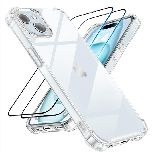 Tentoki Crystal Clear Protection Kit for iPhone 15 Plus - Case + 2 HD Glass