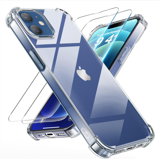 Tentoki Crystal Clear Protection Kit for iPhone 12 - Case + 2 HD Glass