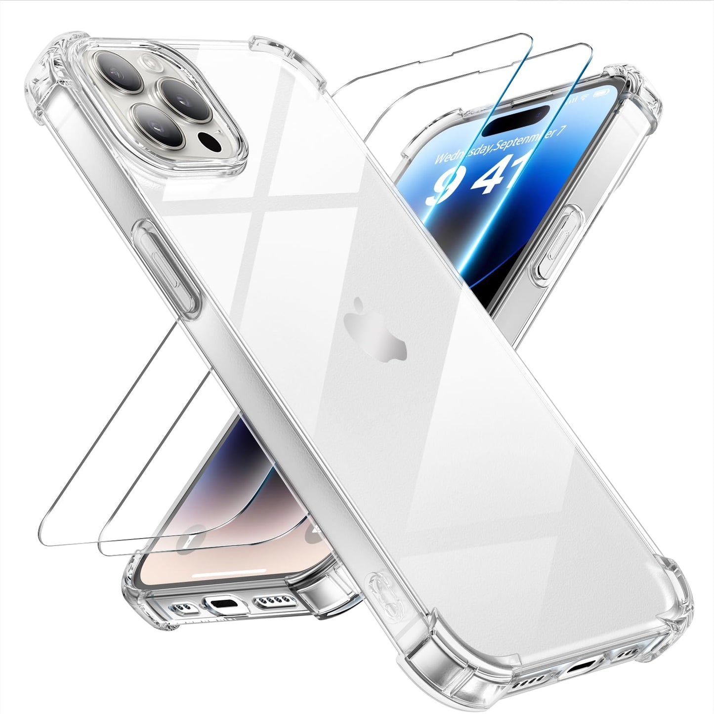 Tentoki Crystal Clear Protection Kit for iPhone 14 Pro - Case + 2 HD Glass