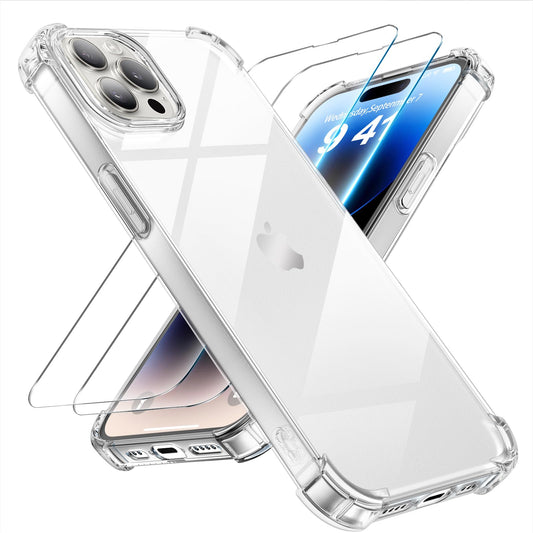 Tentoki Crystal Clear Protection Kit for iPhone 14 Pro - Case + 2 HD Glass