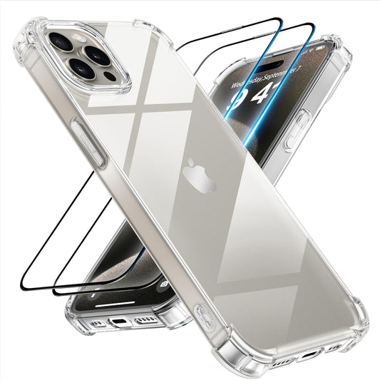 Tentoki Crystal Clear Protection Kit for iPhone 15 Pro Max - Case + 2 HD Glass