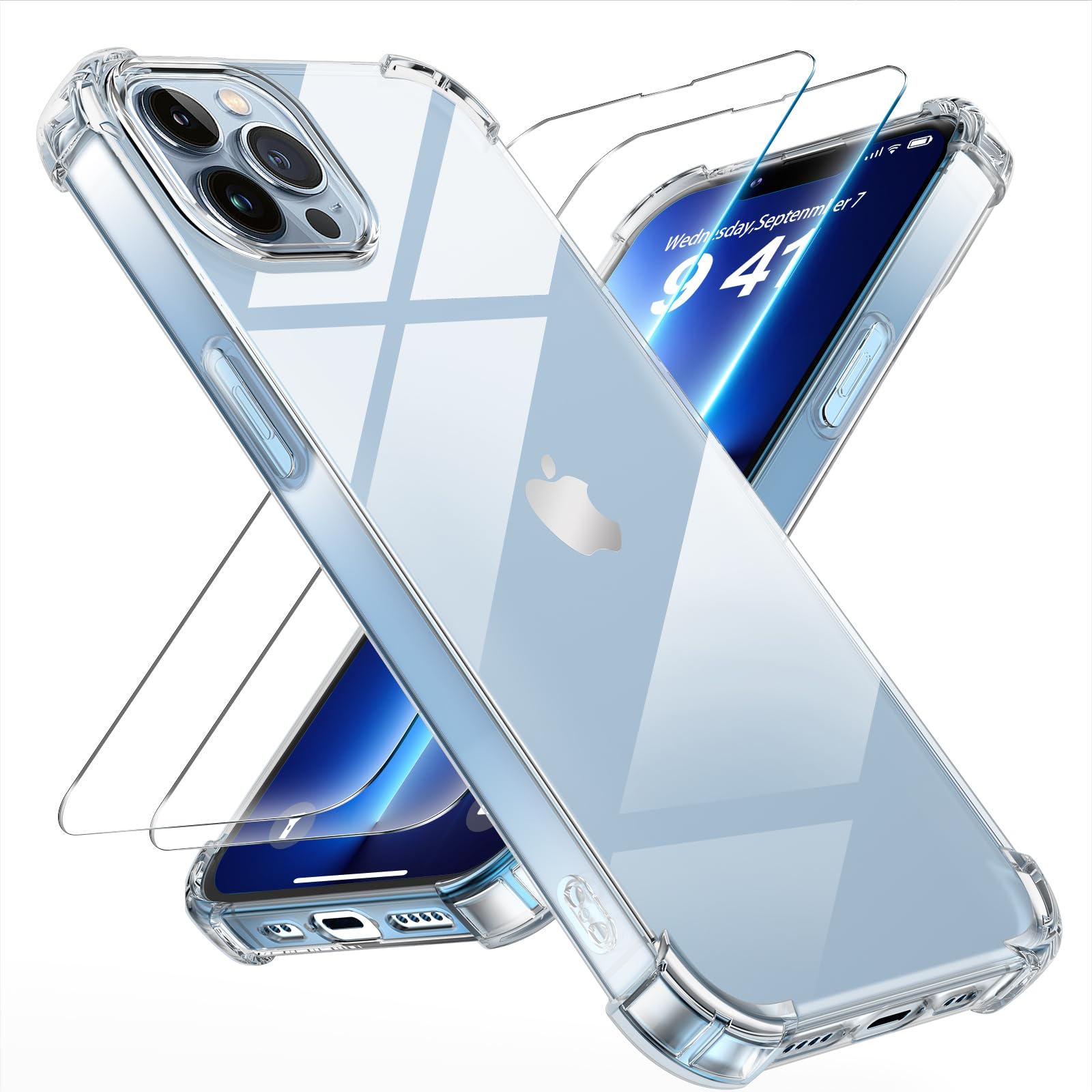Tentoki Crystal Clear Protection Kit for iPhone 13 Pro - Case + 2 HD Glass