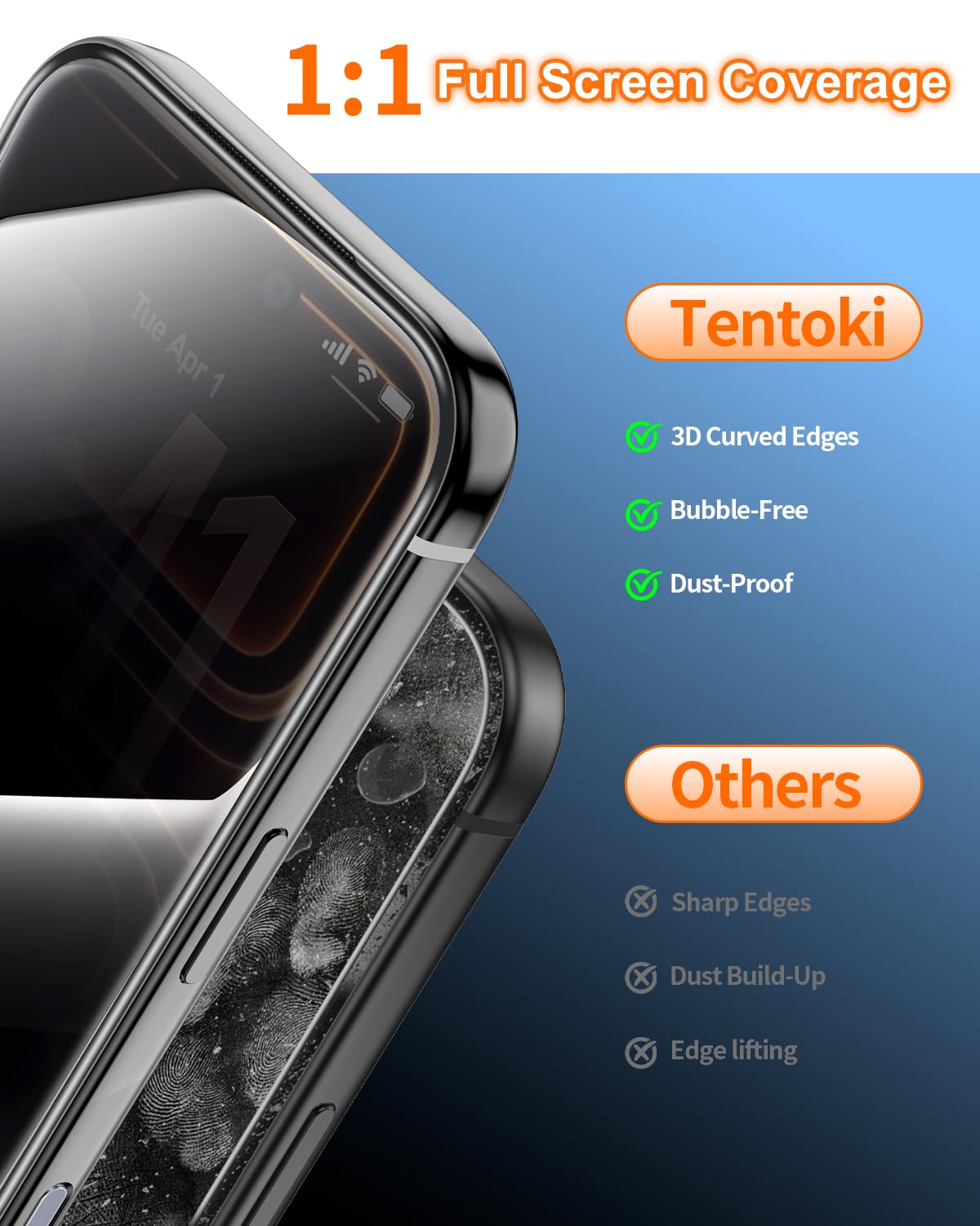 Tentoki Flash Fit Pro Premium Privacy Glass for iPhone 13 Pro Max / iPhone 14 Plus - 2 Pack