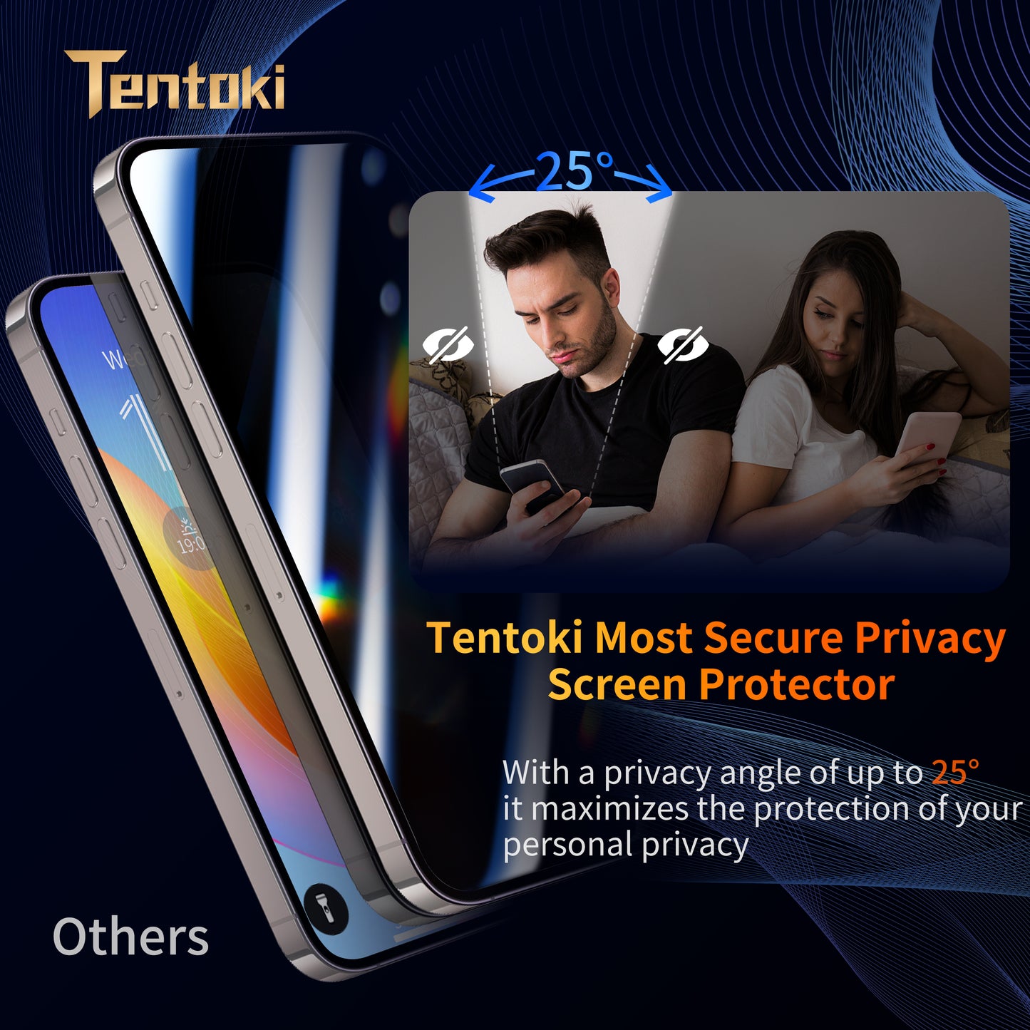 Tentoki Privacy Screen Protector for iPhone 15 Plus / 16 Plus (6.7 inch), Compatible With Face ID, 25° Anti Spy Premium 9H+ Tempered Glass Film [Auto Dust Elimination] [No Bubbles] 2 Pack