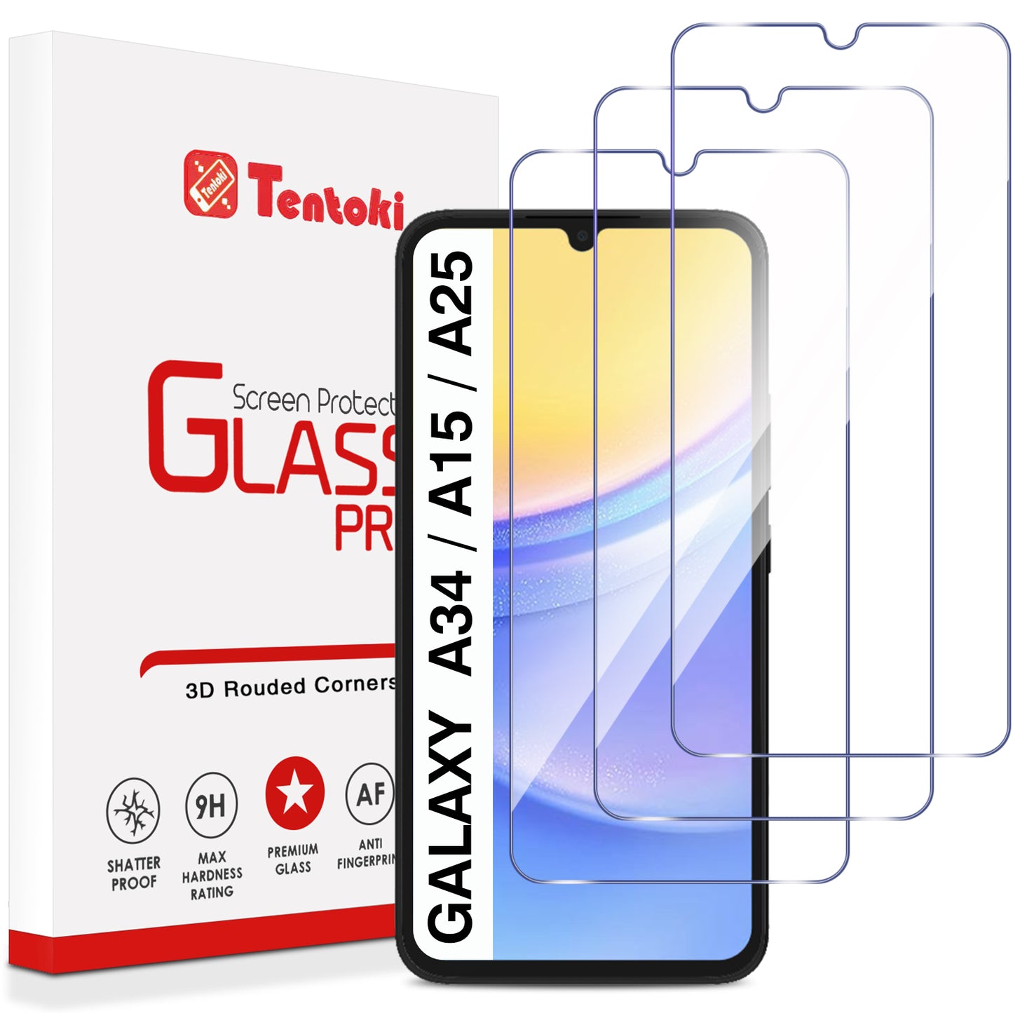 Tentoki 3 Pack Screen Protector for Samsung Galaxy A15 5G/4G 6,5 inches, Tempered Glass Bubble-Free [0.26 mm] [Anti-Scratch, 9H Hardness] Ultra Transparent