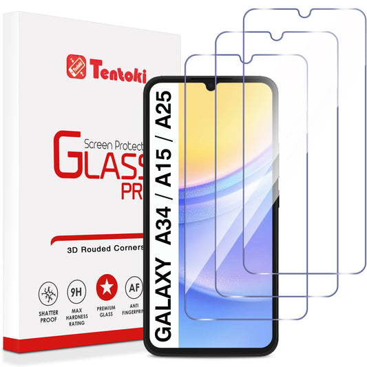 Tentoki 3 Pack Screen Protector for Samsung Galaxy A15 5G/4G 6,5 inches, Tempered Glass Bubble-Free [0.26 mm] [Anti-Scratch, 9H Hardness] Ultra Transparent