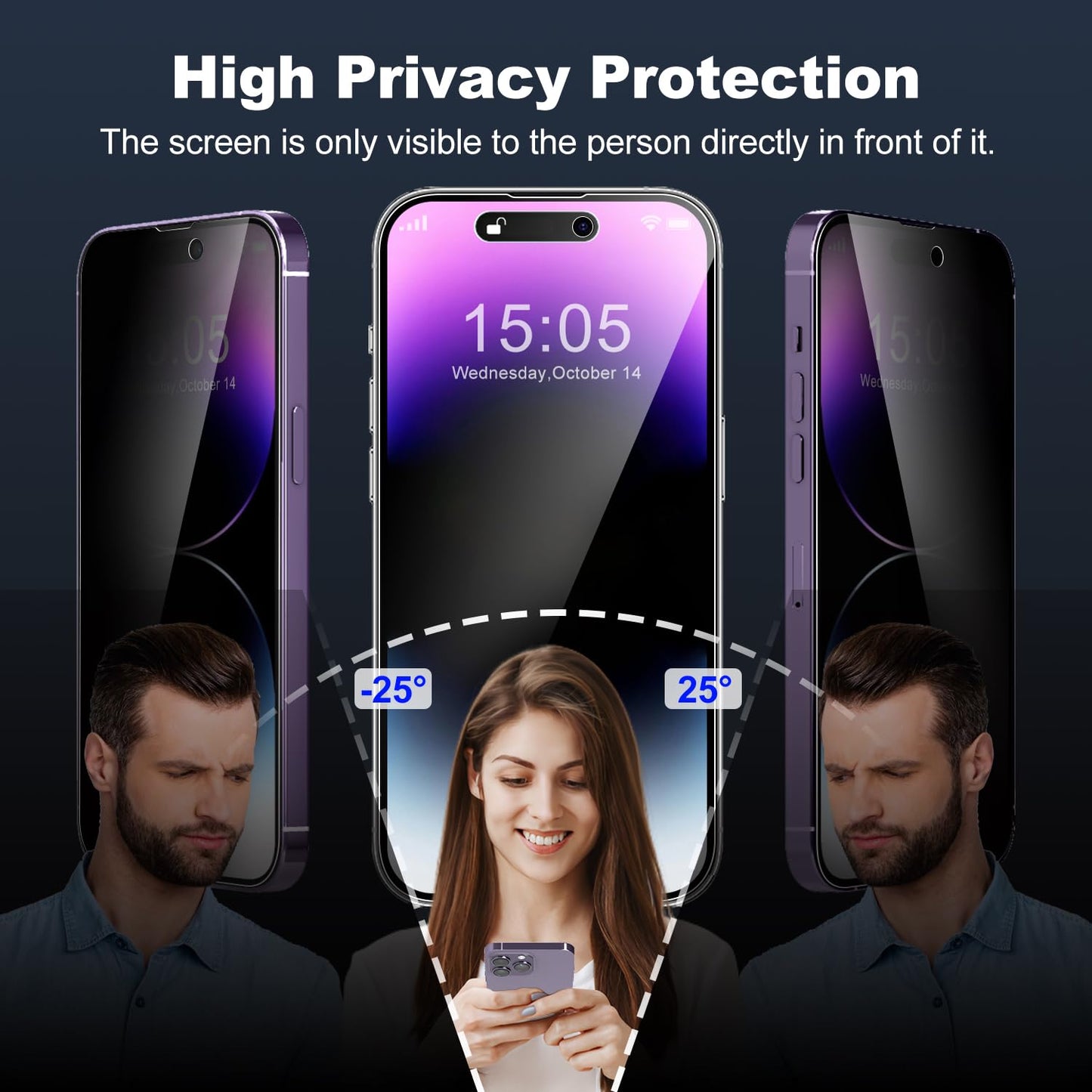 Tentoki Flash Fit privacy screen for tempered glass iPhone 13 Pro Max / 14 Plus 6.7 inch, protective film compatible with Face ID, 25° anti-spy 9H protective glass [privacy] [auto dust elimination] [HD clear] 2 pieces